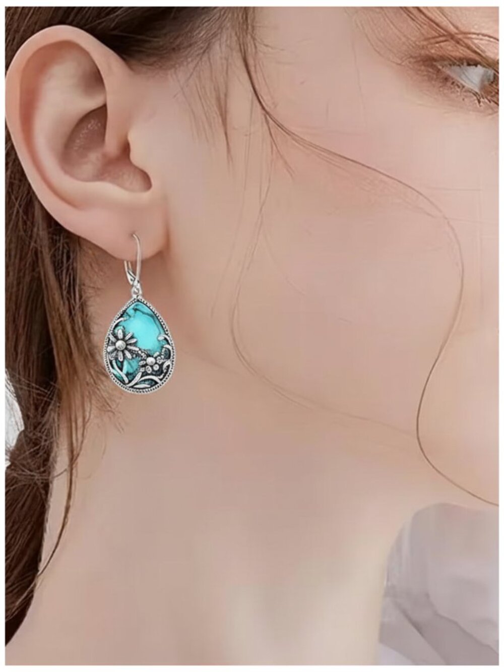 Rustic Southwestern Sunflower & Turquoise Dangle Earrings Teardrop Silver Plate